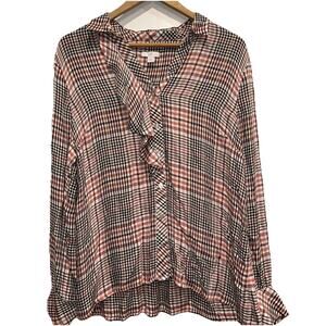 J Jill Womens Medium Long Sleeve Blouse Button Front Plaid Ruffle Rayon V Neck